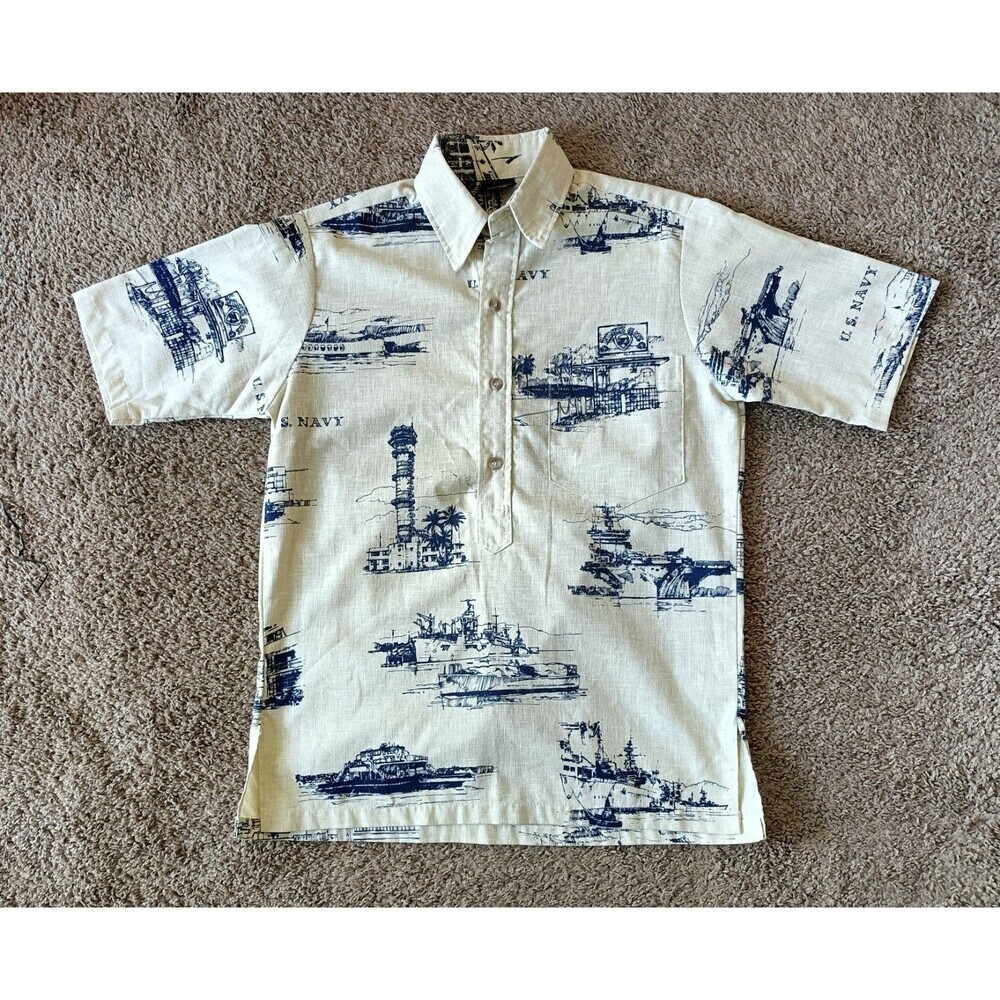 Vintage US Navy Ship Polo Men's Small  Beige Short Sleeve